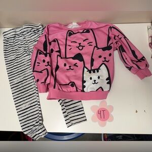 Pink Cat Print Kids Pajamas Set